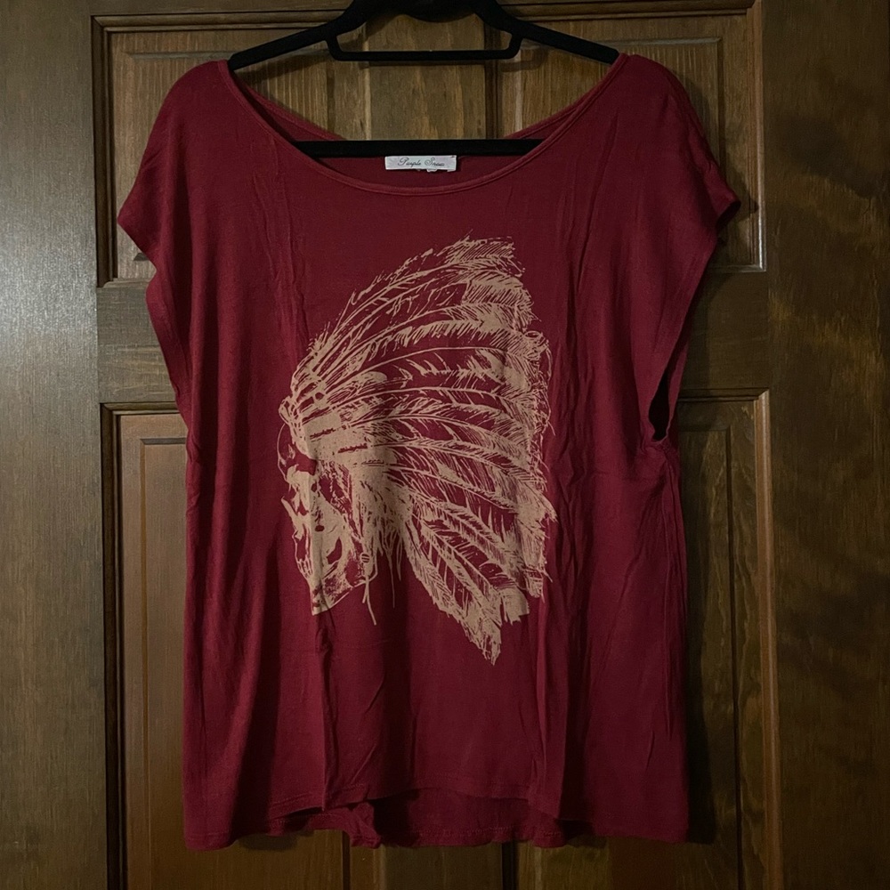Deep Red Headdress Native American Indian Skull Tribal Chiefs Scoop Neck Shirt
